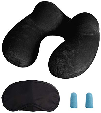LUZWAY Coussin Gonflable Voyage, Tour de Cou Avion, Oreiller de Voyage Gonflable avec Bouchon d'oreille et Masque pour Les Yeux - Noir