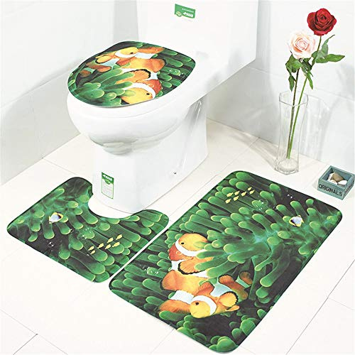 3-teiliges Badvorleger-Set Duschmatte + Konturmatte + WC-Deckelbezug, Morbuy rutschfeste Badvorleger für Küche, Dusche und Toilette - Die Unterwasserwelt (Fisch)