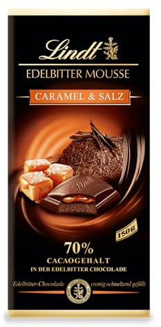 Lindt Schokolade Edelbitter Mousse Caramel & Salz | 150 g Tafel | Mit 70 % Kakaogehalt und dunkler Mousse au Chocolat und Karamell-Salz Füllung | Schokoladentafel | dunkle Schokolade
