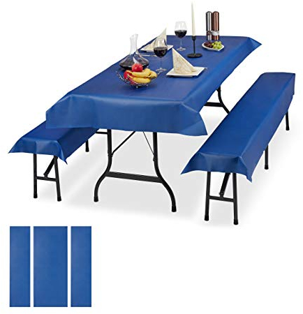 Relaxdays 6 x Bierzeltgarnitur Auflage, 2 Biertisch Tischdecken 250x100cm, 4 Bierbankauflagen 250x55cm, Outdoor, abwaschbar, blau