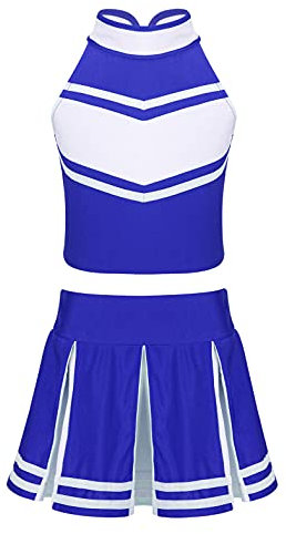 MSemis Cheer leader Kostüm Kinder Mädchen Cheerleading Uniform Cheerleadingkleid/Ärmellos Crop Top mit Minirock Halloween Tanzkostüm E Blau&Weiß 158-164