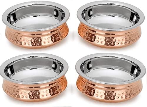 Zap Impex Cuenco tradicional indio de cobre de acero inoxidable martillado hecho a mano, platos indios y servir curryterrine, para el hogar y la cocina (13 cm), 350 ml, juego de 4