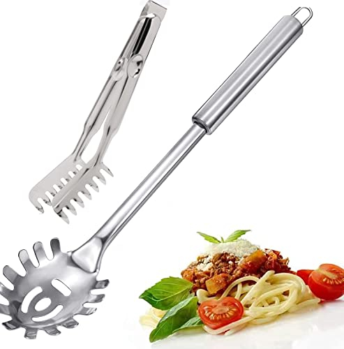 Juego de 2 cucharas de espagueti, tenedor para pasta, cuchara para pasta, espaguetis, pinzas para pasta, servidor de pasta y pinzas de acero inoxidable duradero, resistente al calor, 12 pulgadas