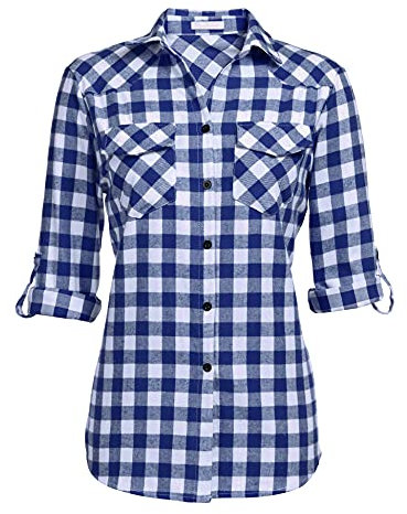 UNibelle Chemise à carreaux à manches longues pour femme - Chemisier traditionnel Oktoberfest - Chemisier à carreaux - Veste en coton - Chemisier en bois - Chemisier décontracté - Col en V, Bleu clair