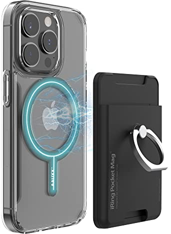 iRing Pocket Mag, magnetischer Handy-Ringgriff und Ständer, 2 Kartenhalter, kompatibel mit iPhone, MagSafe und kabellosen Ladegeräten, hergestellt in Korea (Mattschwarz)