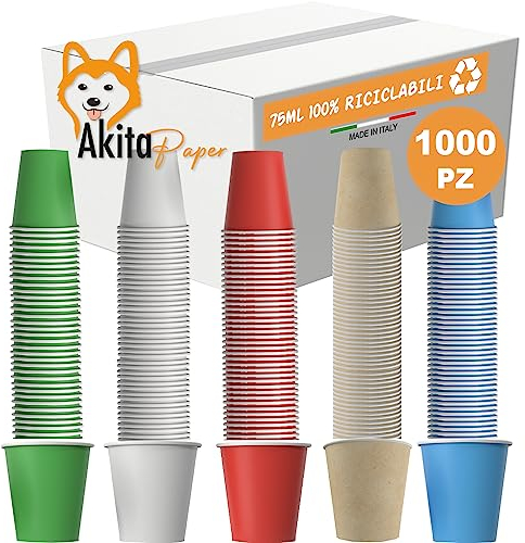 AKITAInk 1000 Bicchierini monouso caffè in carta da 75ml, Bicchieri Caffe Biodegradabili da 75 ml, Ecologici di Carta Resistente a Bevande Fino ai 85°/90° - Monouso Ecologici Bio, Made in Italy (1000)