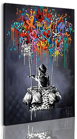 ZEMRARE Graffiti-Stil Banksy Wandkunst Kinder Ballon Straße Leinwand gerahmte Gemäldedrucke Galerie-Paket für Schlafzimmer Wohnzimmer Badezimmer Dekor 40 x 60 cm