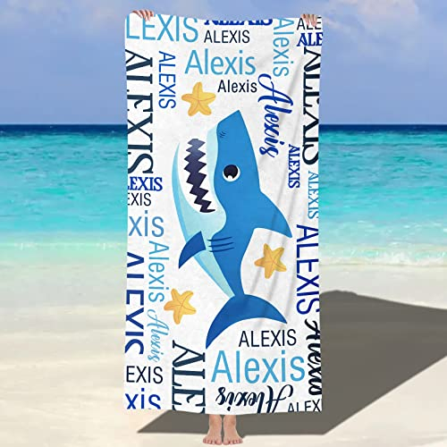 Souarts Personalisiert Microfaser Strandtuch Badetuch 152cmx76cm, Baumwolle Handtuch Stranddecke Strandlaken Sandfreie Schnell trocknende für Strand Reise Schwimmen(Blau Hai)