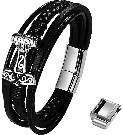 Oidea Norse Viking Thor Mjolnir Hammer Bracelet for Men - Multilayer Braided Leather Viking Bracelet, Buckle Adjustable Wrap Cuff Wirstband Bracelets with Closure, Small