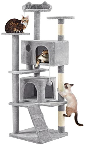 Yaheetech Large Cat Tree, 178cm Cat Tower w/Scratching Posts, 2 Condos, Perched Platform and 2 Dangling Balls Stable Pet Furniture, Light Grey
