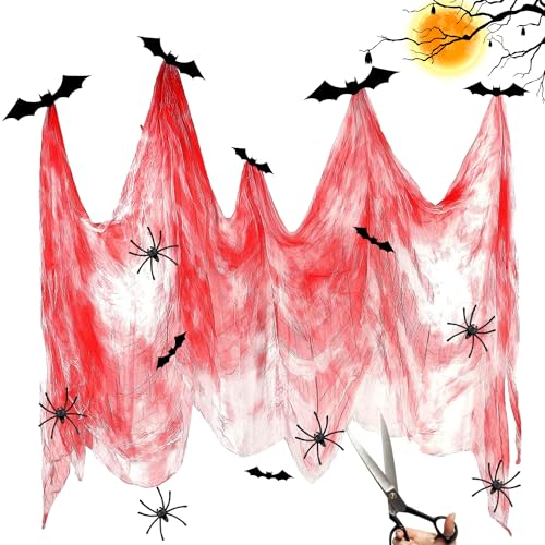 CYIOU 200 x 500 cm Halloween Gruselige Tuch + 16 Fledermäusen + 20 Spinnen Halloween Deko Stoff Halloween Gruselige Tuch Halloween Gruseliges Tuch Dekorationen für Halloween Party Dekoration (Blutrot)