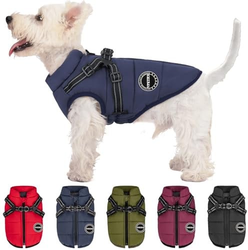 V.PET.B.R Hunde-Wintermantel, warme Hundejacke, gepolstert, Fleece, Hundeweste mit integriertem Geschirr, wasserdicht, winddicht, reflektierend, gemütlich, verstellbar, mit Reißverschluss für kleine