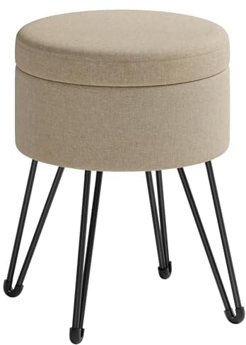 SONGMICS Sitzhocker, runder Hocker mit Stauraum, Aufbewahrungsbox mit Deckel, Schminkhocker, 39 x 44,1 cm (Ø x H), Metallbeine, gepolsterter Sitz, Wohnzimmer, Schlafzimmer, Kamelbraun LOM002K01