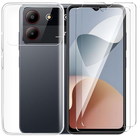 Tsinwe Hülle + 2 Pcs Panzerglasfolie für ZTE Blade A54, Weich Transparent Silikon Handy Hüllen [Stoßfest Kratzfest] [Shock Absorption Schutzhülle] & Schutzfolie Protector Film