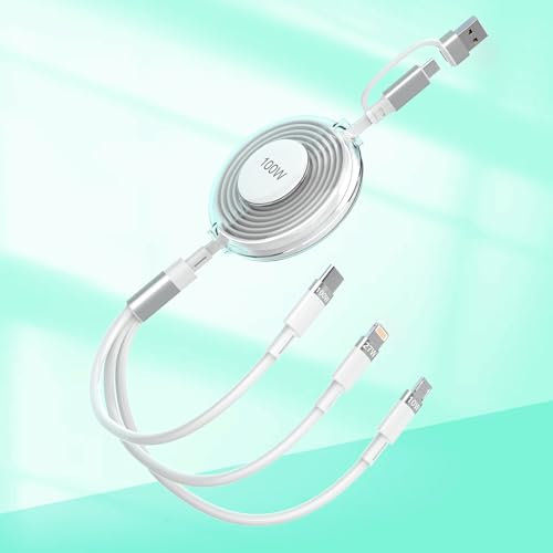 Upgraded 100W Retractable Multi 5-in-1 USB A/Type C to Lightnning+USB C+Micro i-Phone Charging Cable,100W+27W+10W PD Fast Multiple Charger Cord for i-Phone 15 14 13 12/Samsung S23/iPad Pro/MacBook
