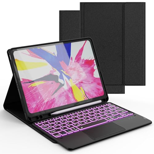für iPad Pro 13 Zoll (M4) 2024 Hülle mit Abnehmbare Tastatur : DIY 3-Zonen 7-Farbiger Beleuchtung Tastaturs Hülle mit Touchpad für iPad Pro 13 2024 (M4) - QWERTZ-Layout Tastatur mit Stifthalter
