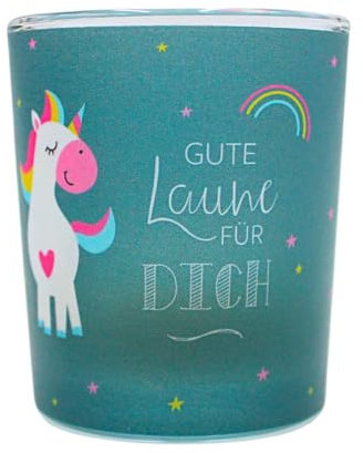 Dekohelden24 Windlichtglas mit Motiv auf Einer transparenten Banderole, inkl. 1 Teelicht, H/Ø: 6,5 x 6 cm, Motiv: Gute Laune für Dich.