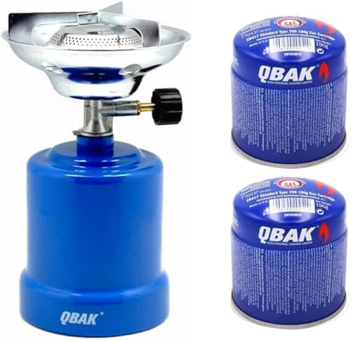 DISPAU QBAK- Hornillo Camping Gas Cocina Portátil + Bombonas 190g para Acampada, Campo, Playa, Montaña, Quemador con Regulador de Gas Butano (Camping Gas + 2 Bombonas)