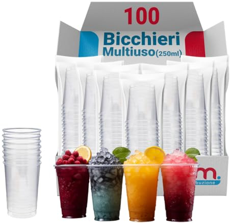 G.M. DISTRIBUZIONE 100 Bicchieri Monouso da 250 Ml in Plastica Trasparente PET, Bicchieri Usa e Getta per Acqua, Birra, Vino, Yogurt, Bicchieri Multiuso Monouso per Bar e Lounge Bar