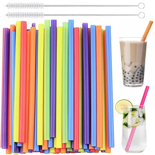 Addein 20pcs Bubble Tea Straw, Colorful Smoothie Straw with 2 Cleaning Brushes, Colored Hard-Plastic Bubble Tea Reusable Straws for Milk Shake Boba Juice Smoothie