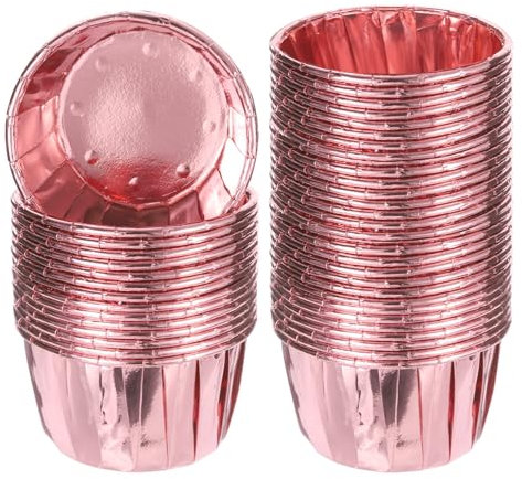 sourcing map Mini Metallic Foil Cupcake Liners for Baking Cupcake, 50Pcs Cupcake Muffins Liners Cupcake Holders Paper Greaseproof Wrappers for Wedding, Showers, Gift, Rose Gold