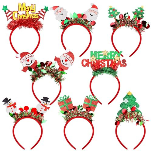 Aodaer 8er-Pack Glitzer Weihnachts Stirnbander, Weihnachtsschmuck, verschiedene Stilrichtungen, Schneemann, Weihnachtsbaum, Geschenke, Haarreifen für Weihnachtsfeiern