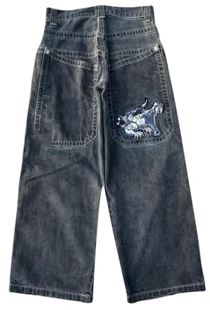 ORANDESIGNE Jeans Y2K Homme Taille Basse Printed Pants Pantalon Unisexe Pantalon Cargo Décontracté Imprimé Hippie Streetwear I Noir L