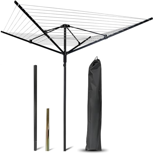 Tendedero de paraguas para exteriores, 165 pies, resistente con 12 líneas y 4 brazos, altura ajustable, plegable, plegable, de metal, para patio, jardín