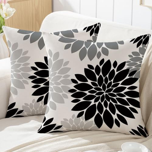 ViaElayu Housses Coussin 45x45 Extérieur Imperméable Noir Dahlia Fleur Printemps Été Moderne Decoration Boheme Taie d'oreiller Canapé pour Salon de Jardin Patio Chambre Maison Décor, Lot de 2