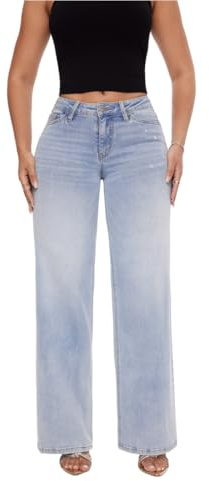ONESO Mid-Low Rise Baggy Jeans Wide Leg for Women Distressed Pants Stretchy Bottom Lady Basic Comfortable Denim