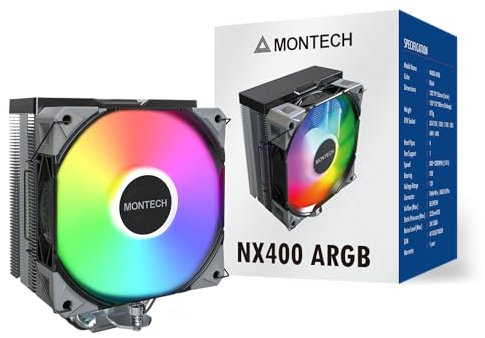 MONTECH NX400 ARGB - CPU Cooler, Single Tower, 4 Advanced Heat Pipes, 52-fin Heat Sink, E28, 120mm FDB Static Pressure Fan, 28mm Fan Thickness, Corner-Cover Footpads, Polished Top Cover, ARGB - Black