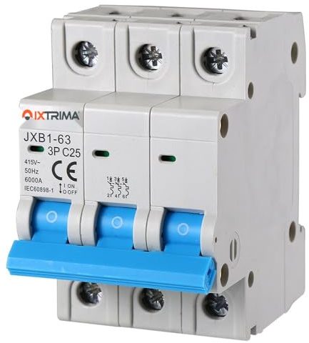 Ixtrima Interruttore Magnetotermico tripolare, 3 Poli, 380V, 6KA, Ampere 6A 10A 16A 20A 25A 32A 40A 50A 63A (C25-25A)