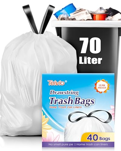 Teivio 70 Litre Strong Tall Kitchen Bin Liners with Tie Tap, 40 Counts 20 Gallon Large Drawstring Bin Bags, Refuse Sacks Fit 50-70L Rubbish Can for Home Kitchen Garden Office, White
