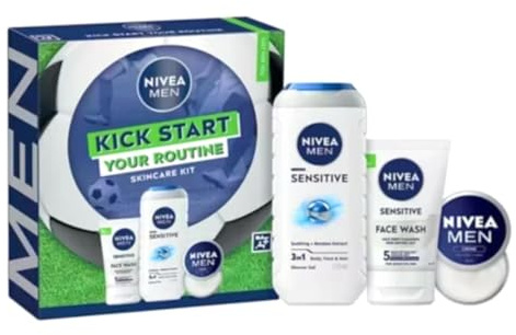 NIVEA MEN Kick Start Routine Gift Set, Sensitive Shower Gel 250ml, Face Wash 100ml, Creme 30ml