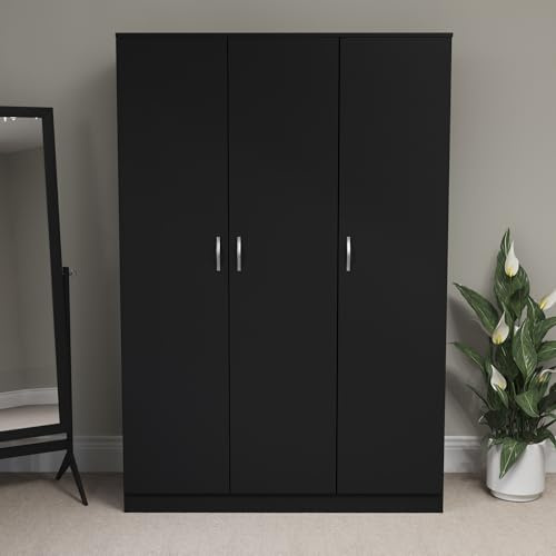 Vida Designs Riano 3 Door Wardrobe | Black | Bedroom Furniture | 170H x 115.4W x 53D cm | with Shelf & Hanging Rail | Large Capacity Storage