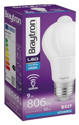 Braytron E27 LED Lampe mit PIR Bewegungsmelder, 9W ersetzt 60W, LED Birne mit Bewegungssensor und Lichtsensor, 806lm, Kaltweiß 6500K, nicht dimmbar (Kaltweiß 6.500K)