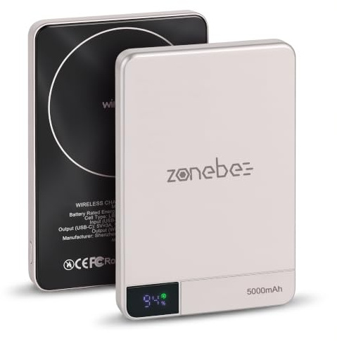 ZONEBEE 5000mAh Batterie Externe sans Fil, Ultra Fine et Légère avec Charge Rapide USB-C, Affichage Numérique, Compatible avec iPhone 17/16/15, Samsung S26/25, Pixel 10