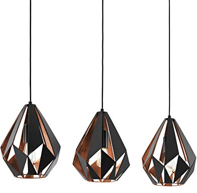EGLO Pendellampe Carlton 1, 3 flammige Vintage Pendelleuchte, Retro Hängelampe aus Metall in Schwarz und Kupfer, E27 Fassung