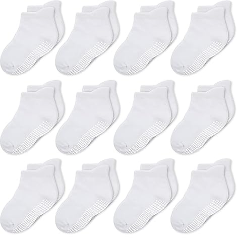 CozyWay Calzini in stile caviglia non slip con pinze, 12 pacchetti per bambini e ragazze, bianco solido, 6-12 mesi
