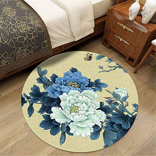 Tapis Rond Lavable en Machine, Morbuy À la Chinoise Pivoine Imprimé Interieur Anti Slip Chambre à Coucher Salon Tapis d'Entrée Absorbant Antidérapant (80cm,Blanc)