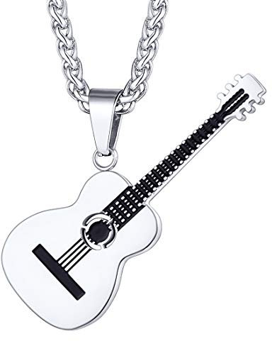 U7 Kette für Herren Damen Silberkette Plektron Gitarre Anhänger Halskette Plektrum Kette Kettenanhänger Pendant Necklace Women Hip Hop Musik Gitarrenanhänger Modeschmuck für Party Dating