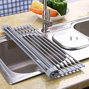 Dayish Escurreplatos plegable enrollable multiusos para secar platos, estante ajustable para lavar platos, acero inoxidable, estante para utensilios después del lavado (45,5 x 45 cm)