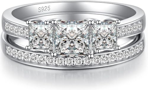 Damen Ring Sets Silber 925 Weißgold Ring Damen Ring Silber 925 Quadratische Diamant Ring Sets Sterling Silber Ring Sets Verlobungsringe Eheringe Hochzeit Ring Sets Größe 50