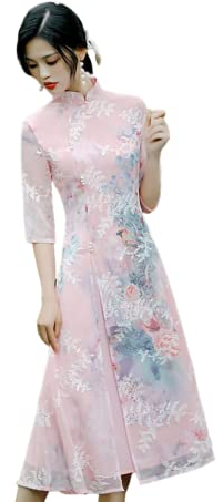 Robe d'été brodée Ao Dai Cheongsam de style chinois Qipao Hanfu, rose, Large