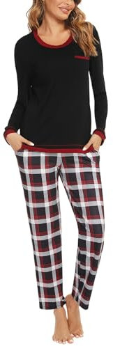 Marvmys Schlafanzug Damen Lang Winter Baumwolle PyjamaSet Schlafanzüge Zweiteiliger Nachtwäsche Sleepwear Langarm Shirt mit Brusttasche Karierte Pyjamahose mit Tasche Schwarz L