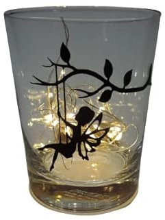 Lichtidee Teelicht Glas Windlicht Tischlicht Print mit schaukelde Fee schwarz Weihnachten Handmade Unikat Ostern Muttertaggeschenk, Höhe 8cm,