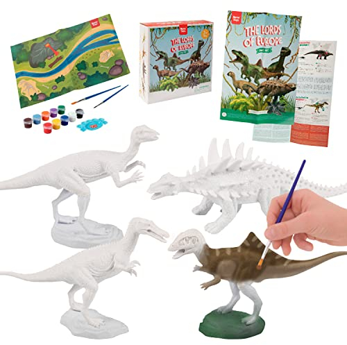 Nene Toys Dinosaurier-Bastelset für Kinder im Alter 3–7 Jahre [Die Herrscher von Europa] – Spiel-Set mit: 4 Dinosaurier, 2 Farbsets, 2 Pinsel, Lern-Poster, Spielmatte – Dinos Basteln & Anmalen