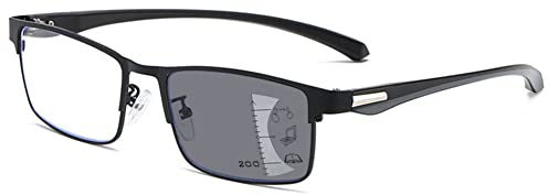 MAGIMODAC Selbsttönende Gleitsicht Lesebrille Gleitsichtbrille Progressive Multifokale Blaulichtfilter Photochrome Herren Damen Metall Rechteckige UV Schutz Sonnenlesebrille Schwarz 2.50