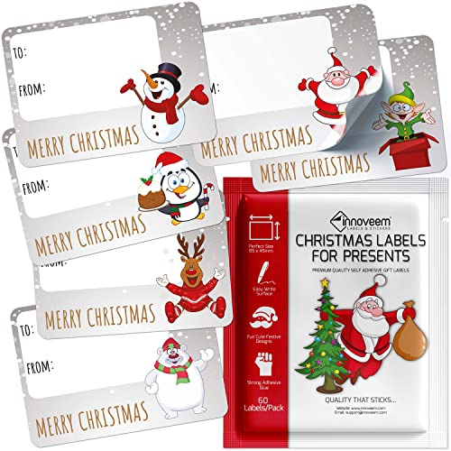 Innoveem Christmas Labels Stickers Self Adhesive - 60 Sticky Xmas Gift Tags | For presents, gifts, parcels and name tags. 6 festive designs, 65 x 45mm, easy-write surface, strong glue, gold print