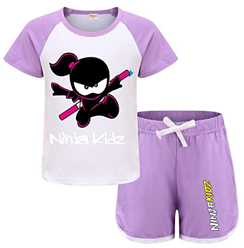 Forlcool Ninjas Kidz Merch Girls Tee Summer Pjs Pajamas T-shirt+shorts (Purple,7-8 Years,7 Years,8 Years)